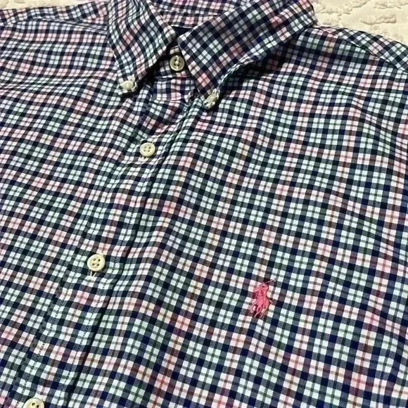 Ralph Lauren plaid men’s button-down with pink embroidered horse. Size medium. - Picture 4 of 10